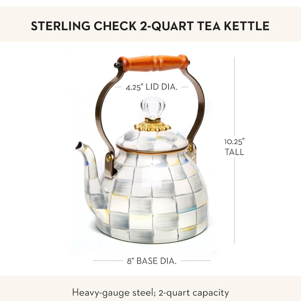 MACKENZIE-CHILDS Enamel Tea Kettle, Grey-and-White Sterling Check